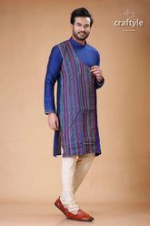 Gulf blue silk kurta with multicolor embroidery for men blue kurta patterned panel 4