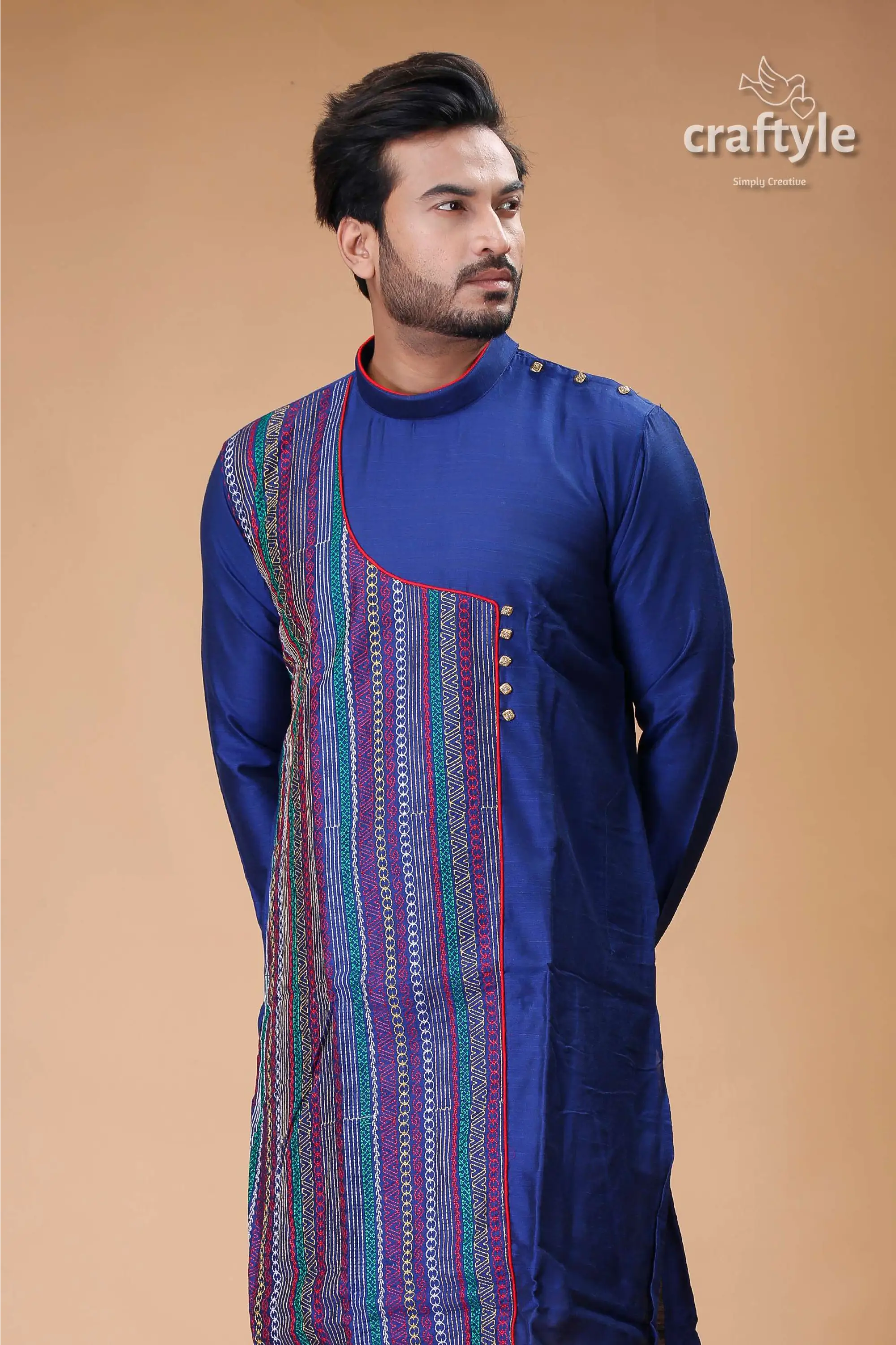Gulf blue silk kurta with multicolor embroidery for men blue kurta patterned panel 2