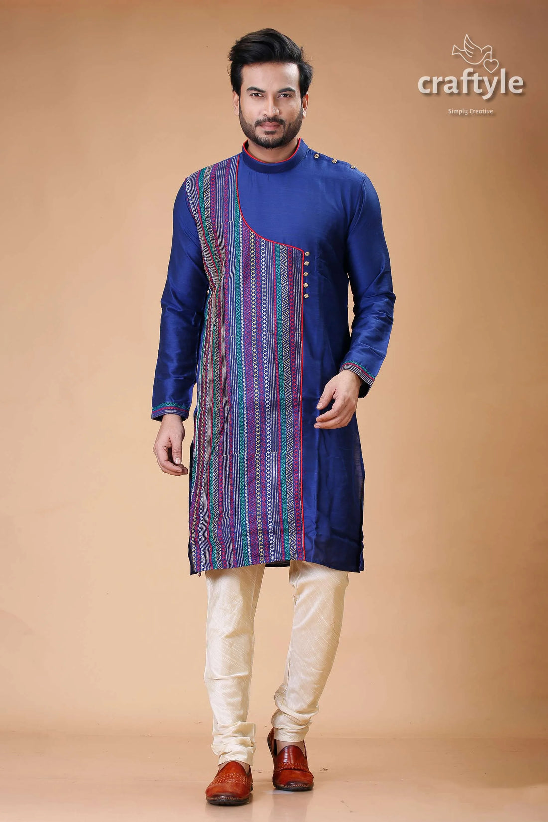 Gulf blue silk kurta with multicolor embroidery for men menās blue kurta pajama set 1