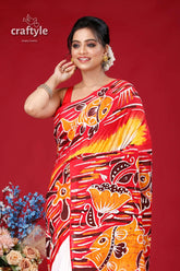 Hand batik pure cotton saree with fish motif - artistic indian ethnic wear red yellow batik saree fish 2