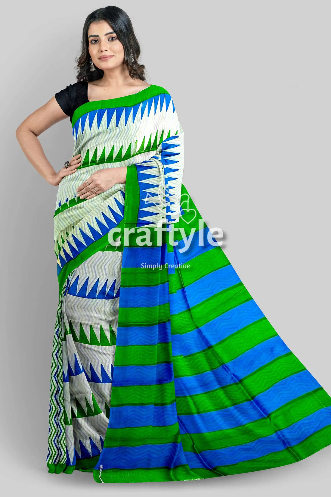 Hand block murshidabad silk saree blue green striped saree 1