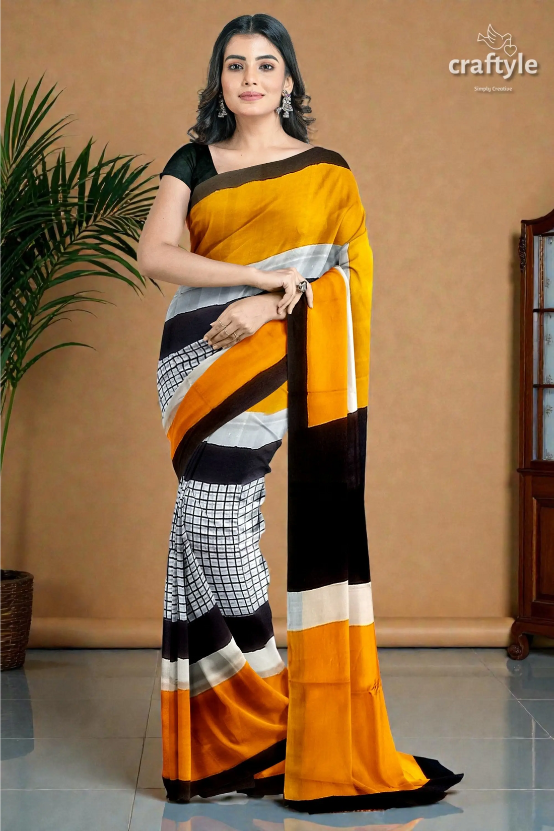 Hand block print mulberry pure silk saree - golden yellow and black 2