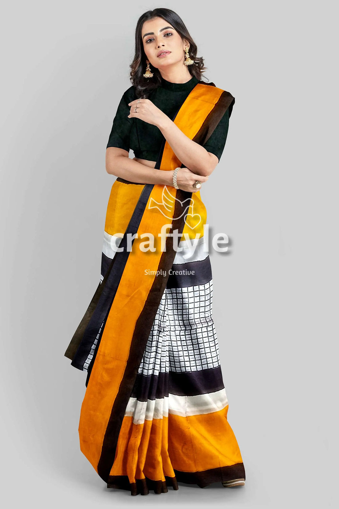 Hand block print mulberry pure silk saree - golden yellow and black woman yellow black white saree 2