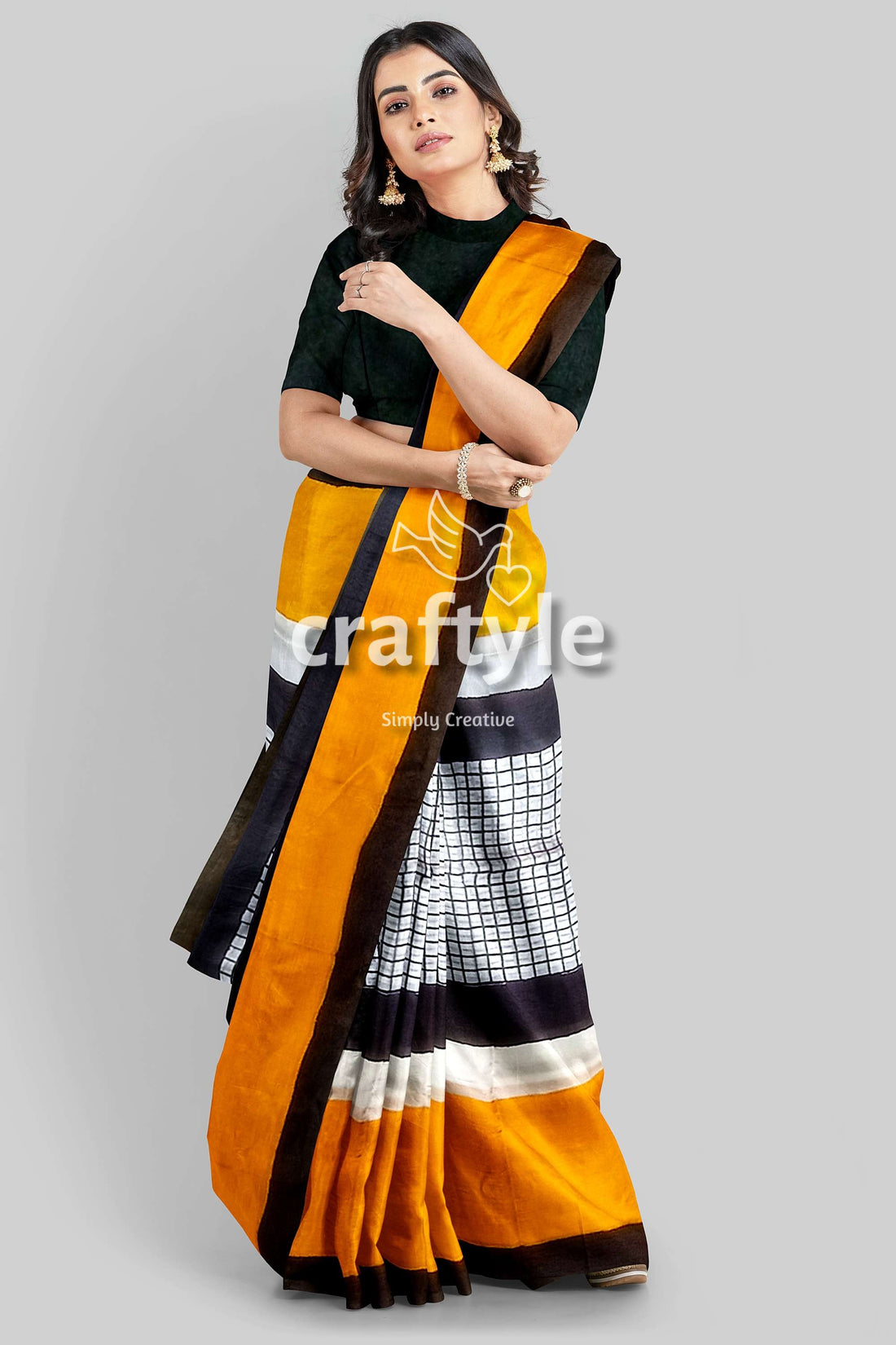 Hand Block Print Mulberry Pure Silk Saree - Golden Yellow and Black - Craftyle