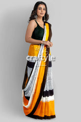 Hand Block Print Mulberry Pure Silk Saree - Golden Yellow and Black - Craftyle