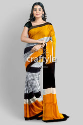 Hand Block Print Mulberry Pure Silk Saree - Golden Yellow and Black - Craftyle
