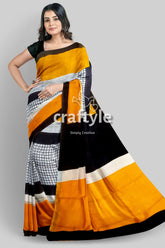 Hand Block Print Mulberry Pure Silk Saree - Golden Yellow and Black - Craftyle