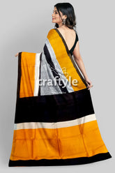 Hand Block Print Mulberry Pure Silk Saree - Golden Yellow and Black - Craftyle