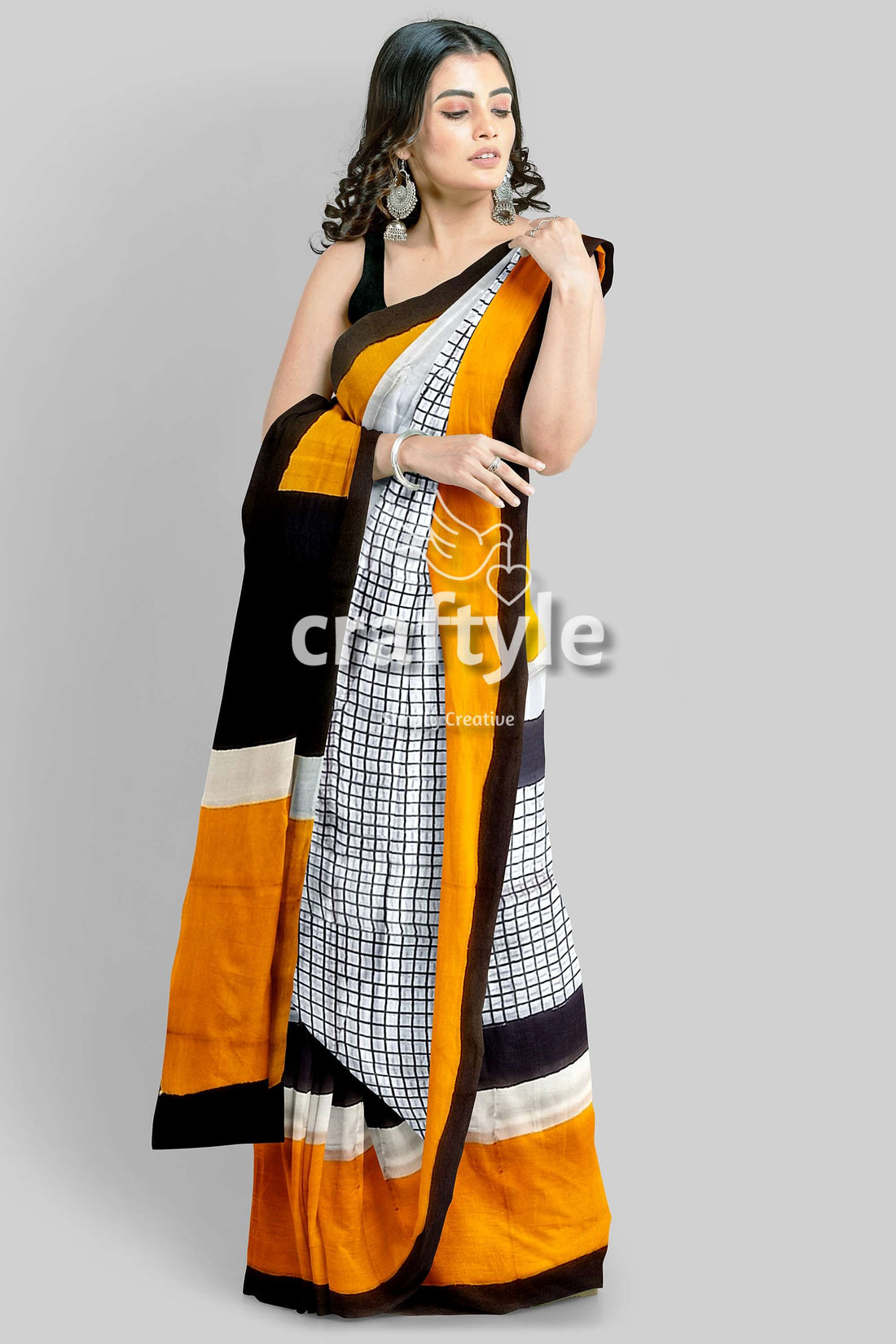 Hand Block Print Mulberry Pure Silk Saree - Golden Yellow and Black - Craftyle