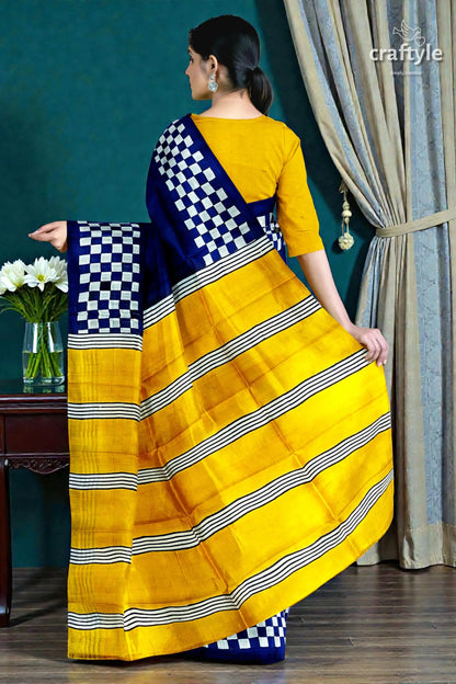 Hand block print mulberry pure silk saree in imperial blue and yellow 5