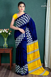 Hand block print mulberry pure silk saree in imperial blue and yellow 1
