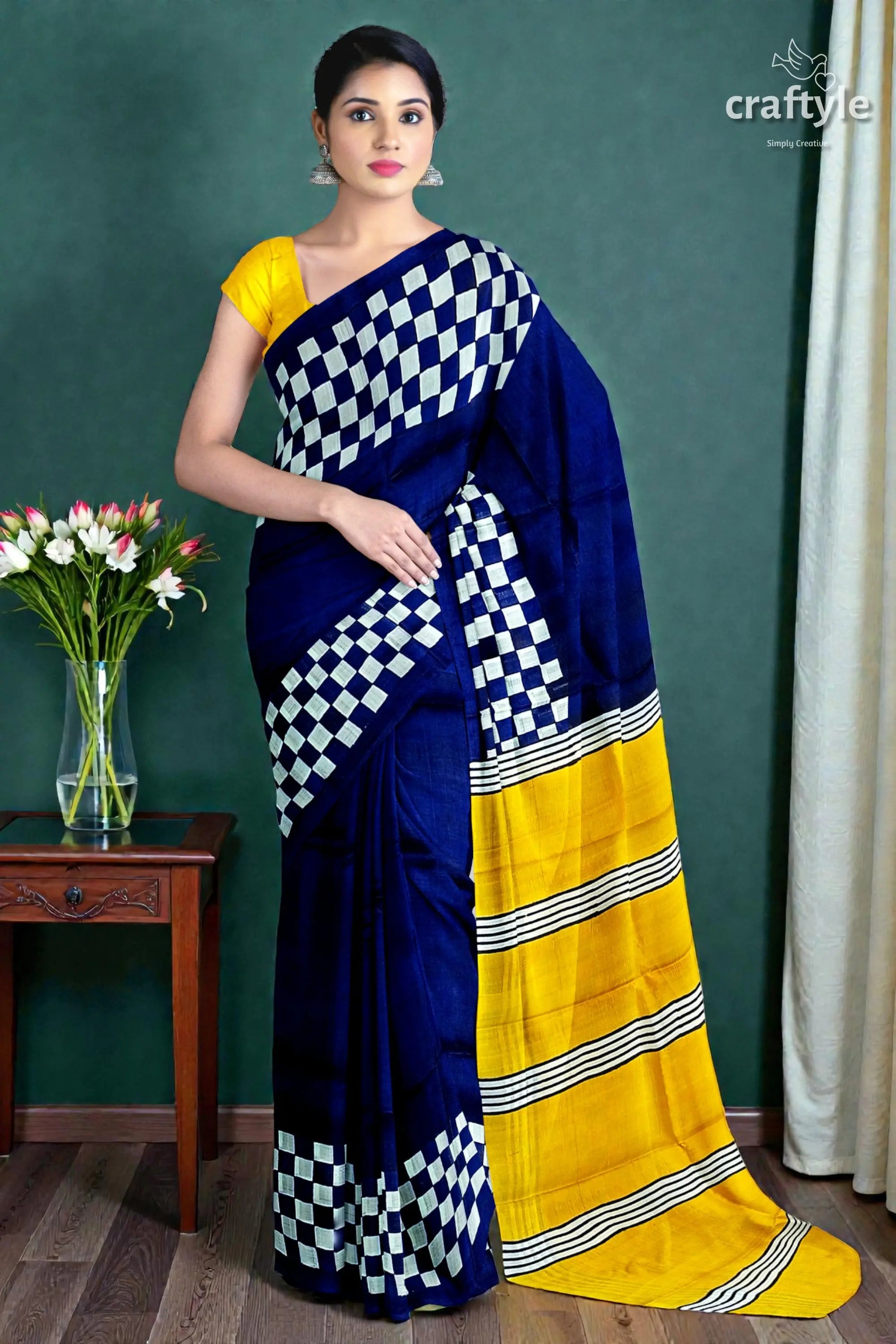 Hand block print mulberry pure silk saree in imperial blue and yellow 1
