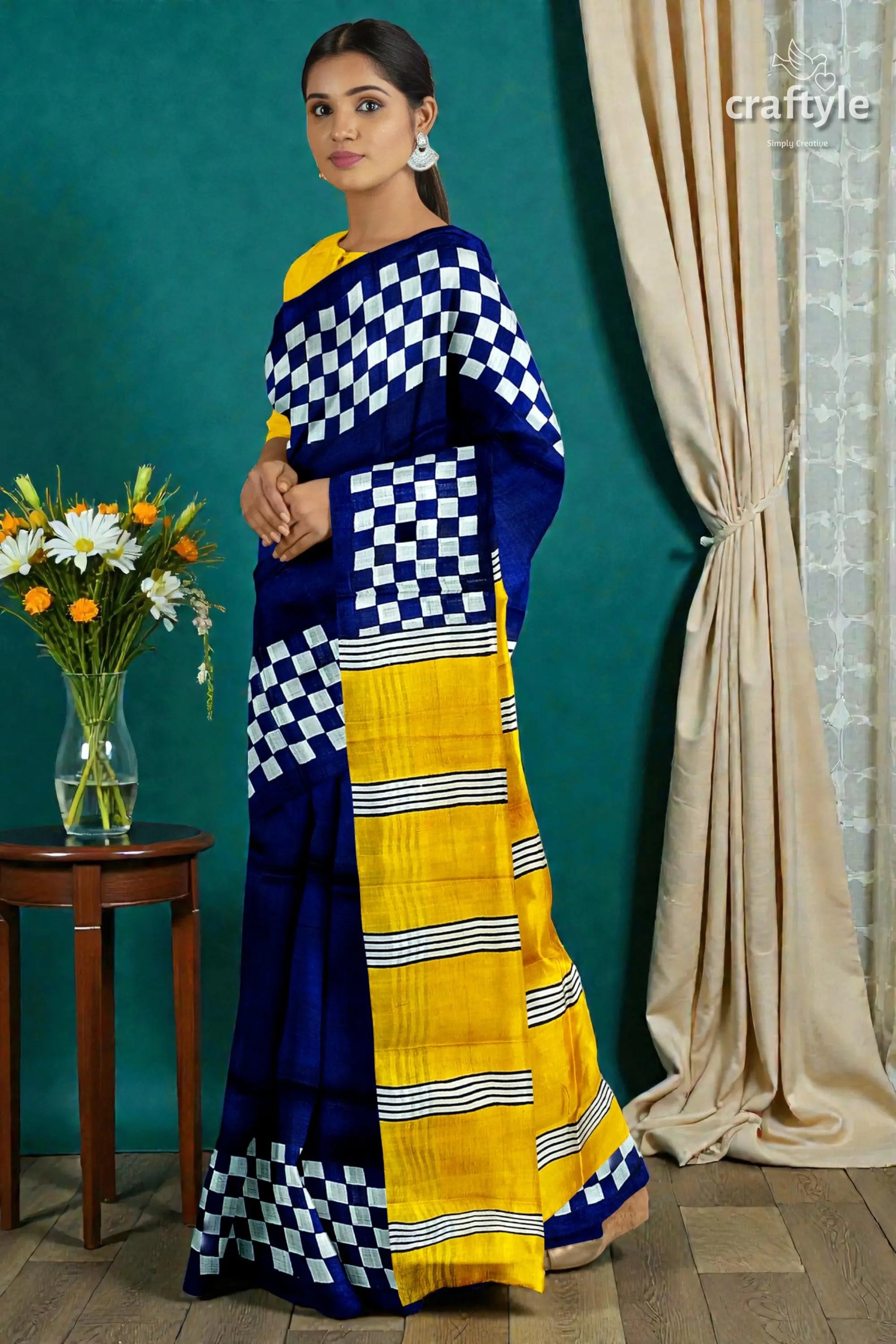 Hand block print mulberry pure silk saree in imperial blue and yellow 3