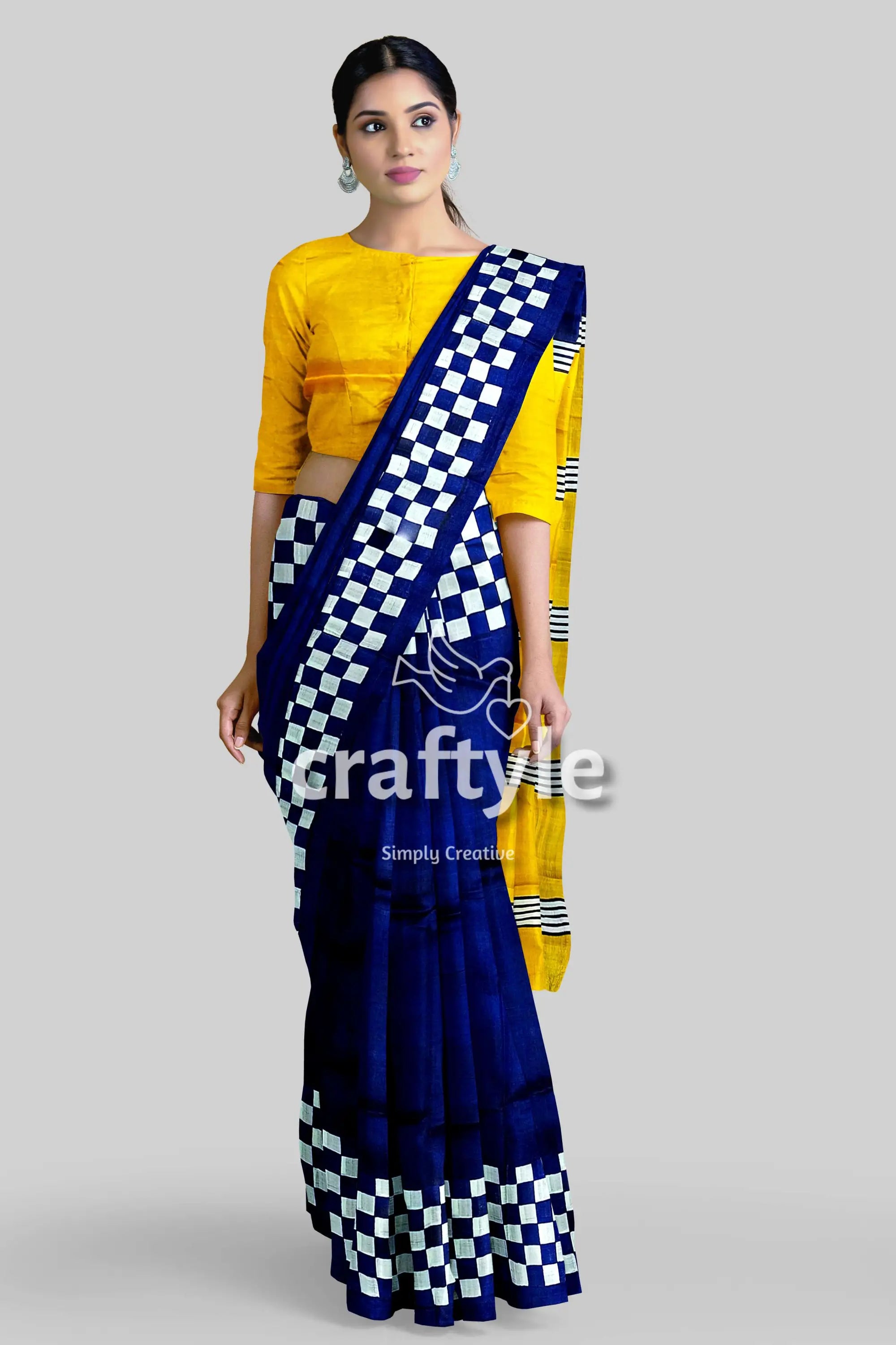 Hand block print mulberry pure silk saree in imperial blue and yellow woman blue white checkered saree 4