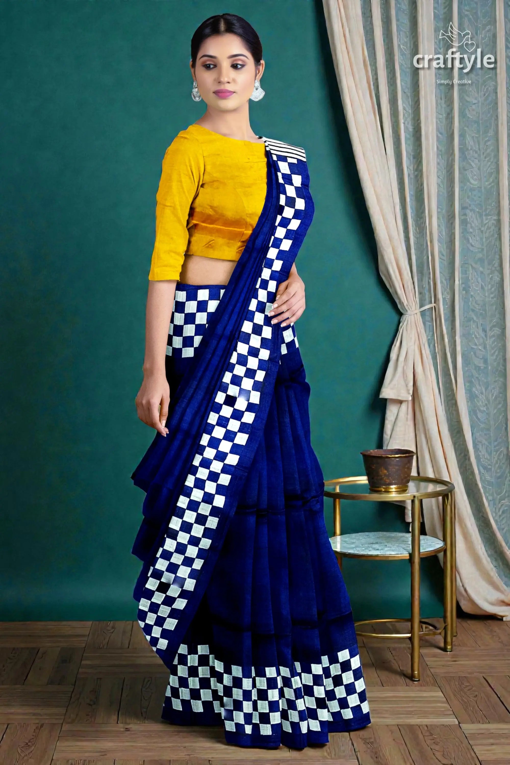 Hand block print mulberry pure silk saree in imperial blue and yellow 2
