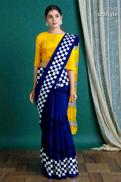 Hand block print mulberry pure silk saree in imperial blue and yellow 4