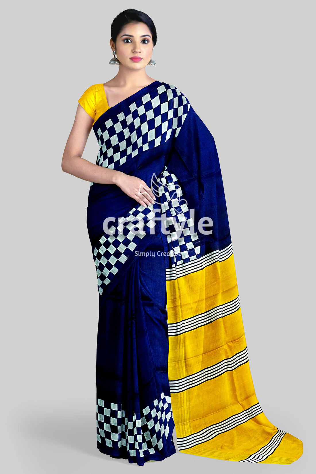 Hand Block Print Mulberry Pure Silk Saree in Imperial Blue and Yellow - Craftyle