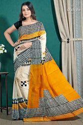 Hand block print mulberry pure silk saree - saffron yellow with black design 4