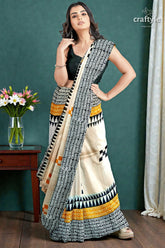 Hand block print mulberry pure silk saree - saffron yellow with black design 3