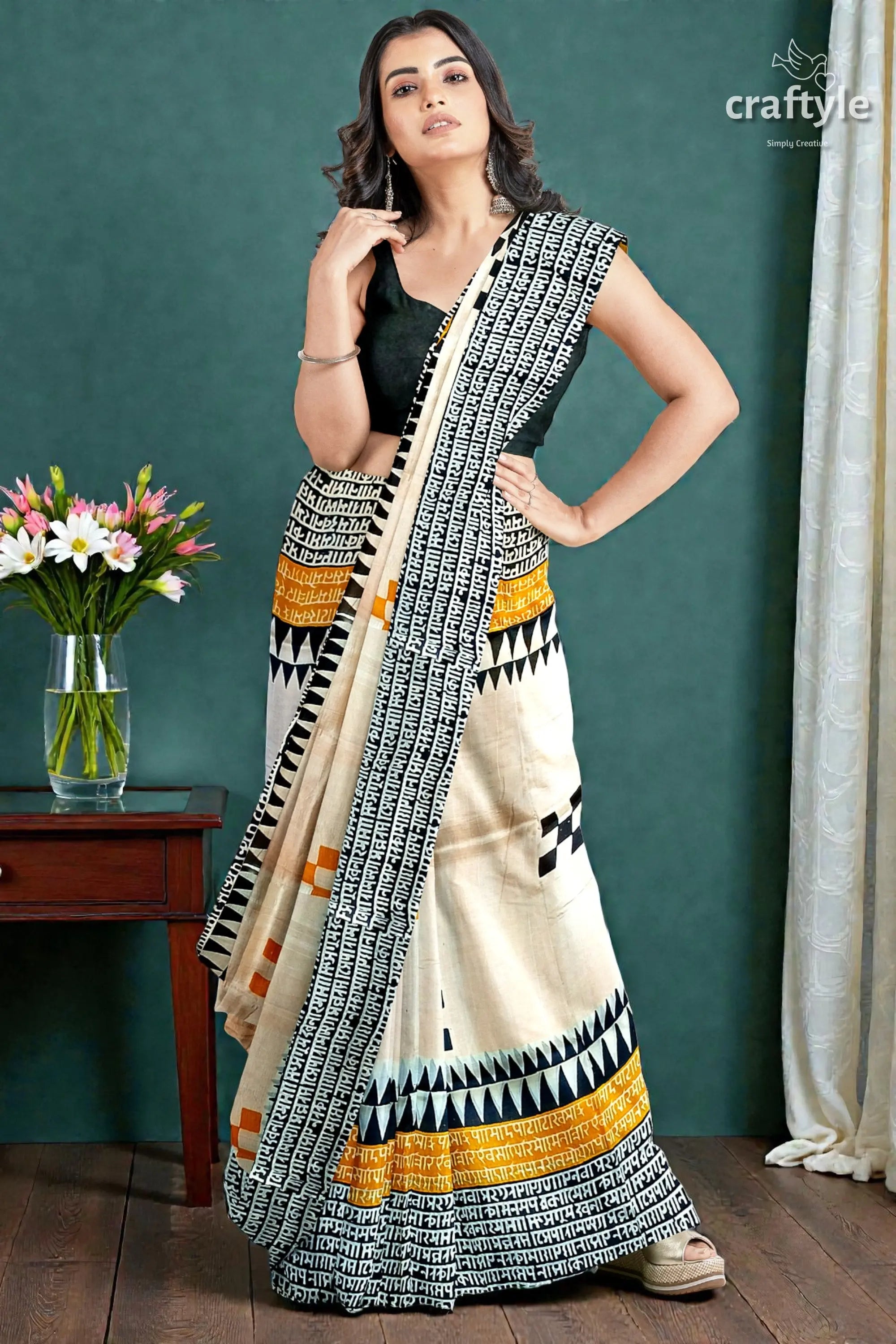 Hand block print mulberry pure silk saree - saffron yellow with black design 3