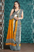 Hand block print mulberry pure silk saree - saffron yellow with black design 1