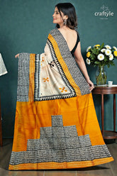 Hand block print mulberry pure silk saree - saffron yellow with black design 5