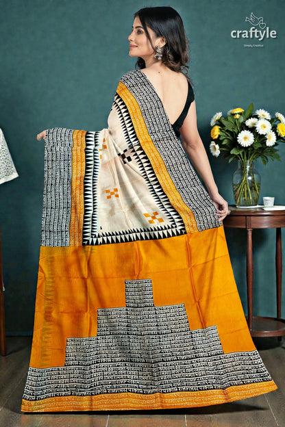 Hand block print mulberry pure silk saree - saffron yellow with black design 5