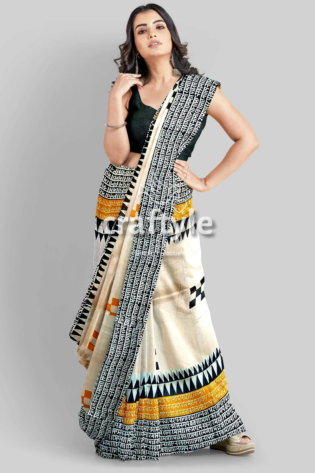 Hand block print mulberry pure silk saree - saffron yellow with black design woman patterned saree 2