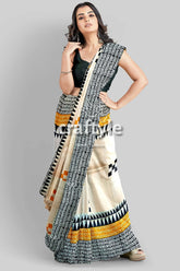 Hand block print mulberry pure silk saree - saffron yellow with black design woman patterned saree 2