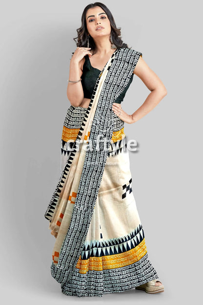 Hand block print mulberry pure silk saree - saffron yellow with black design woman patterned saree 2