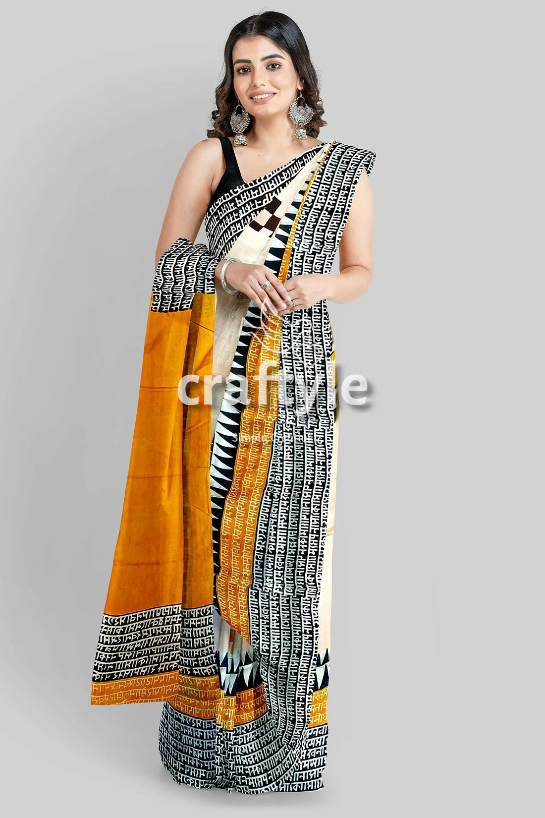 Hand block print mulberry pure silk saree - saffron yellow with black design woman patterned saree 1