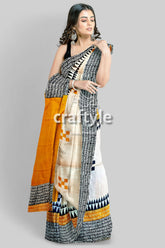 Hand Block Print Mulberry Pure Silk Saree - Saffron Yellow with Black Design - Craftyle