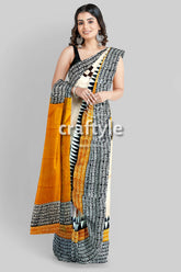 Hand Block Print Mulberry Pure Silk Saree - Saffron Yellow with Black Design - Craftyle