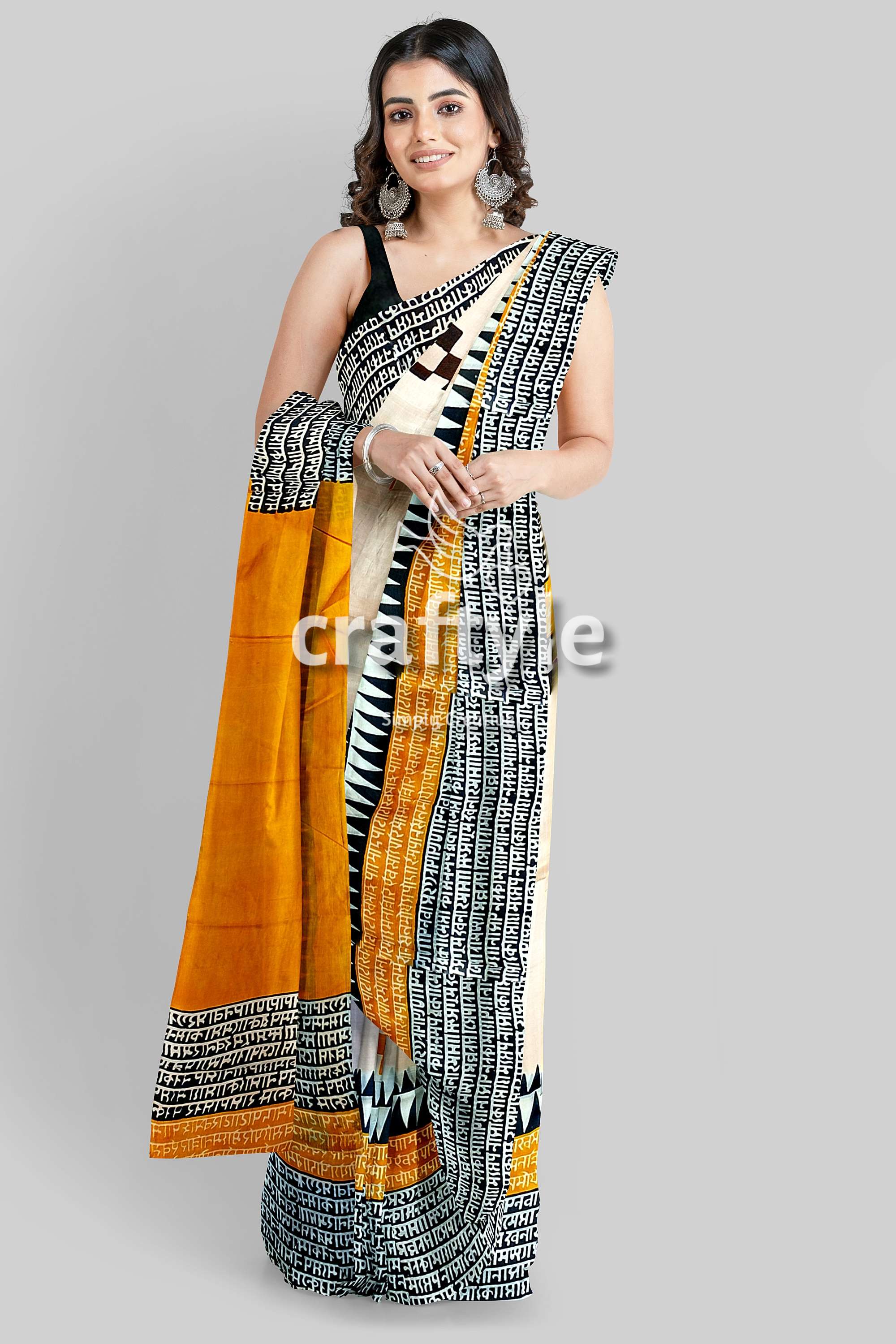 Hand Block Print Mulberry Pure Silk Saree - Saffron Yellow with Black Design - Craftyle