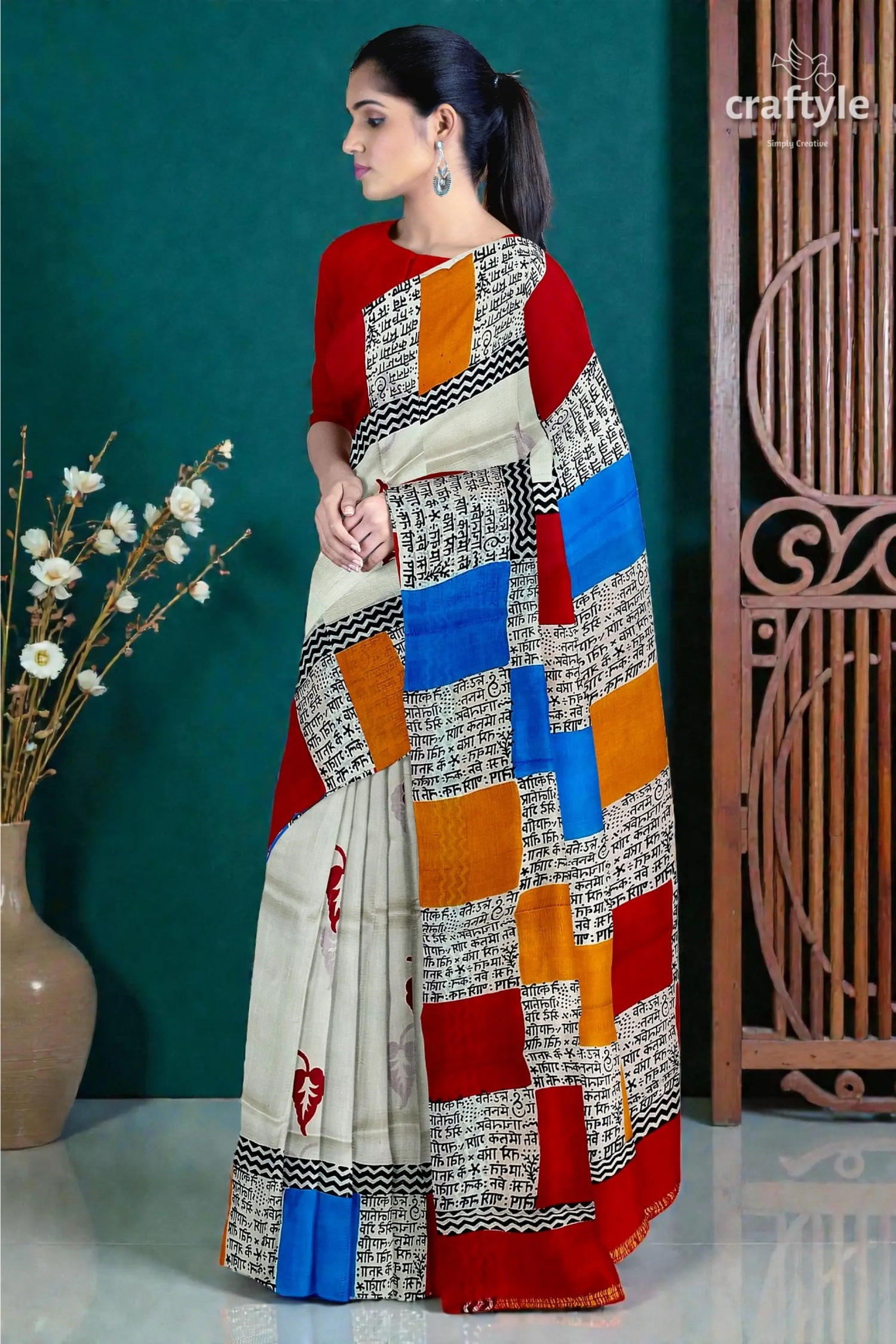 Hand block print multicolor pure mulberry silk saree - exclusive design 2