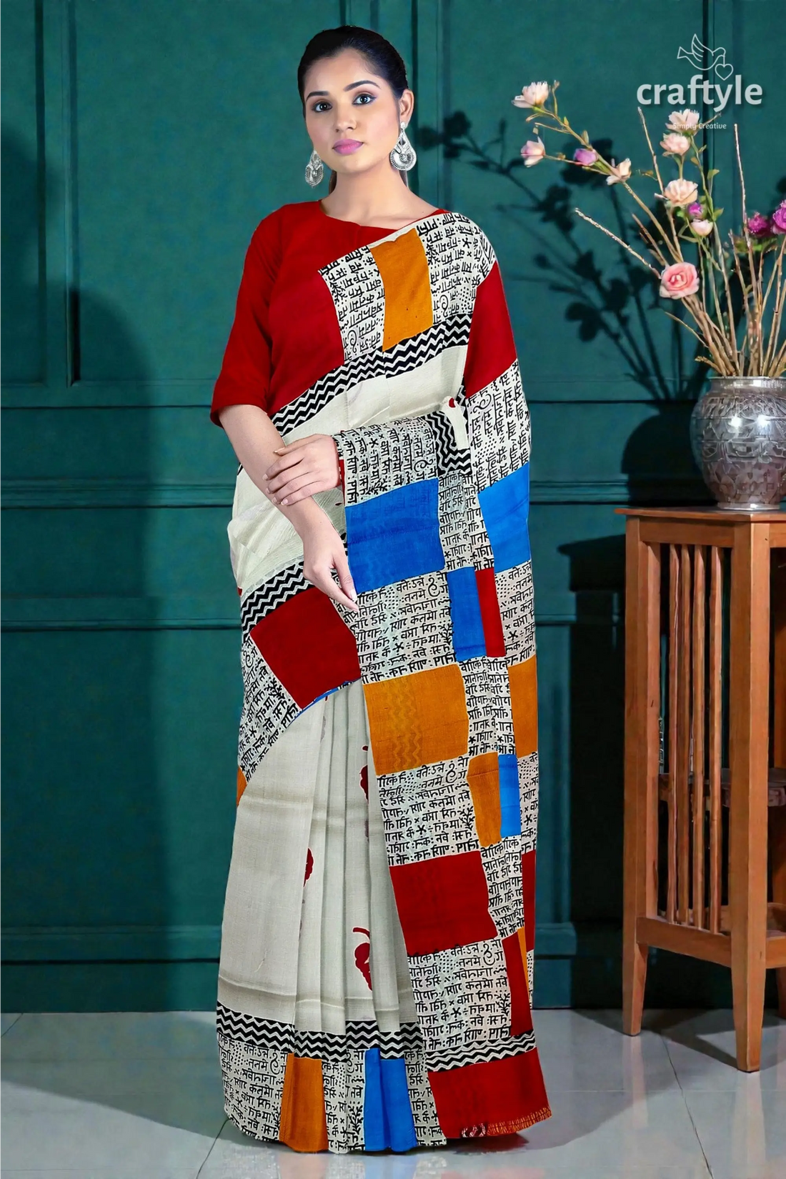 Hand block print multicolor pure mulberry silk saree - exclusive design 1