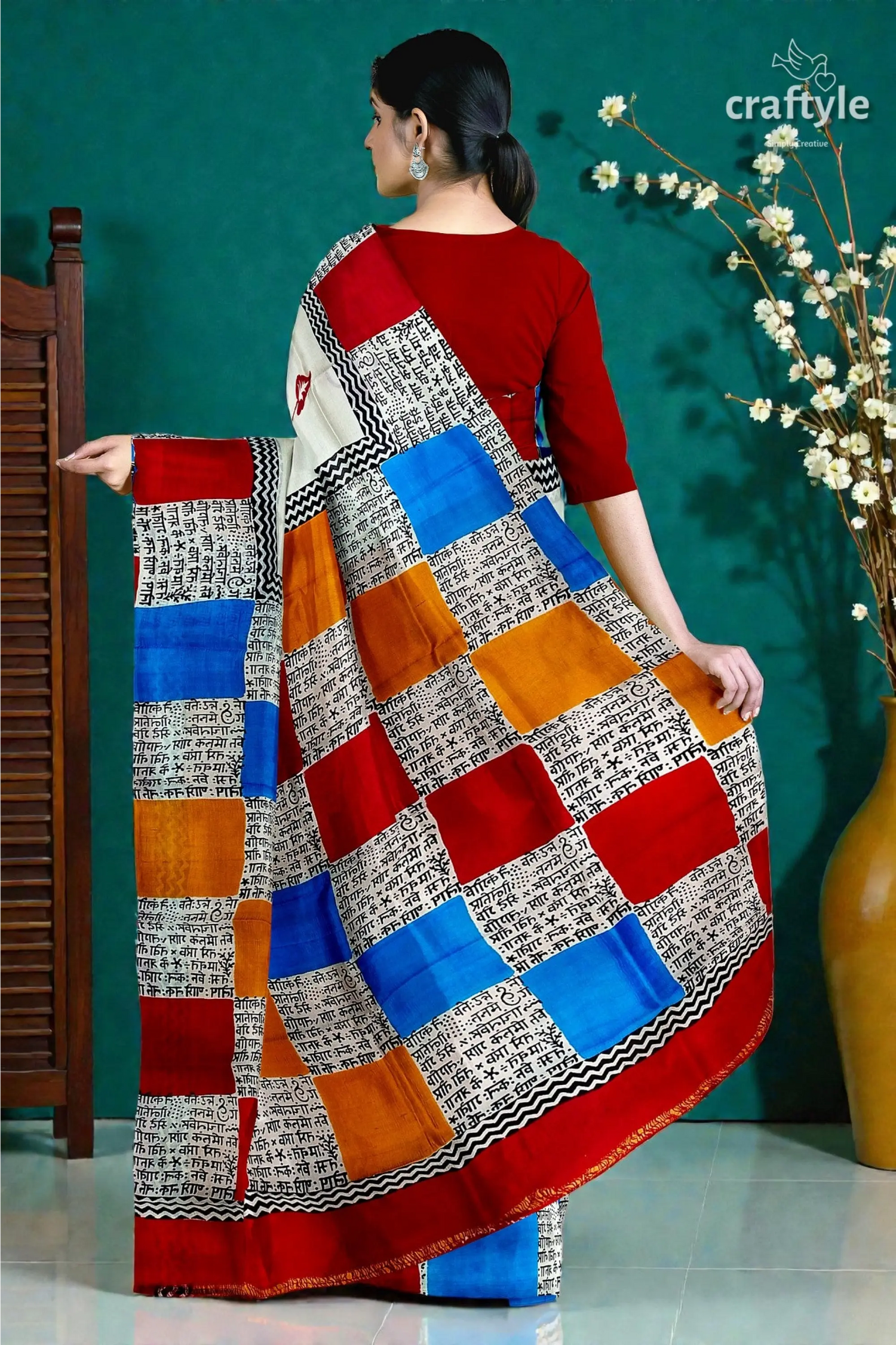 Hand block print multicolor pure mulberry silk saree - exclusive design 5