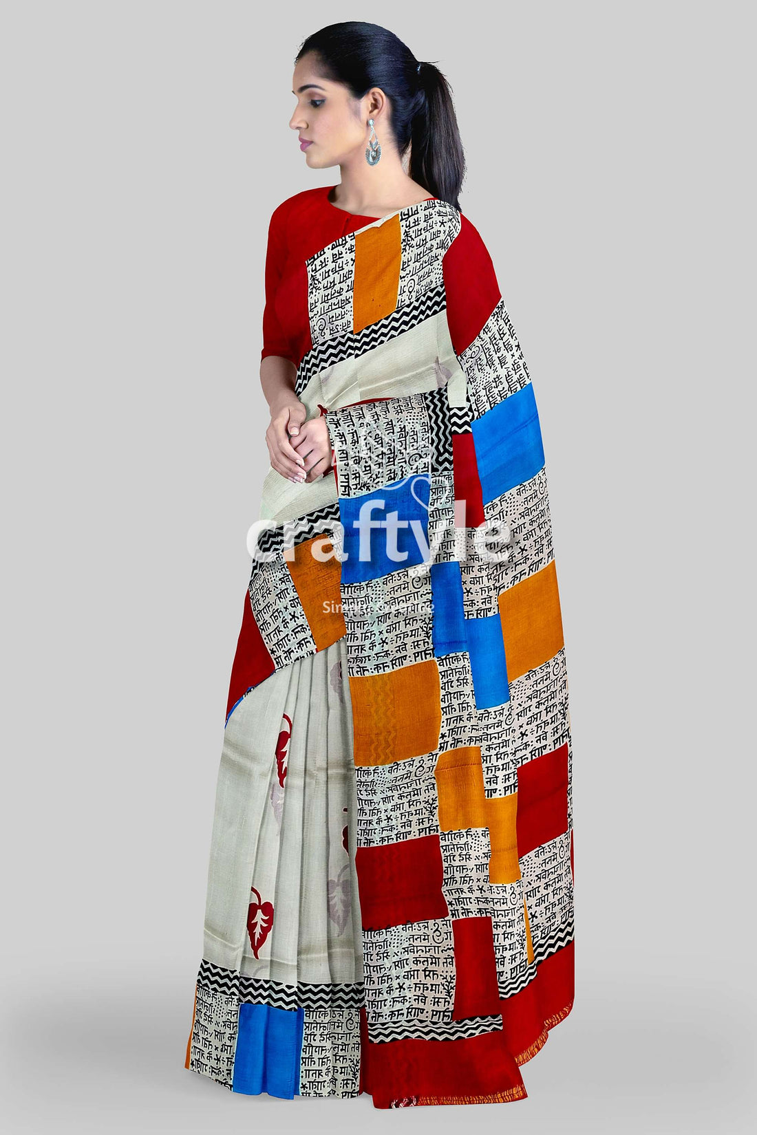 Hand Block Print Multicolor Pure Murshidabad Silk Saree - Exclusive Design-Craftyle
