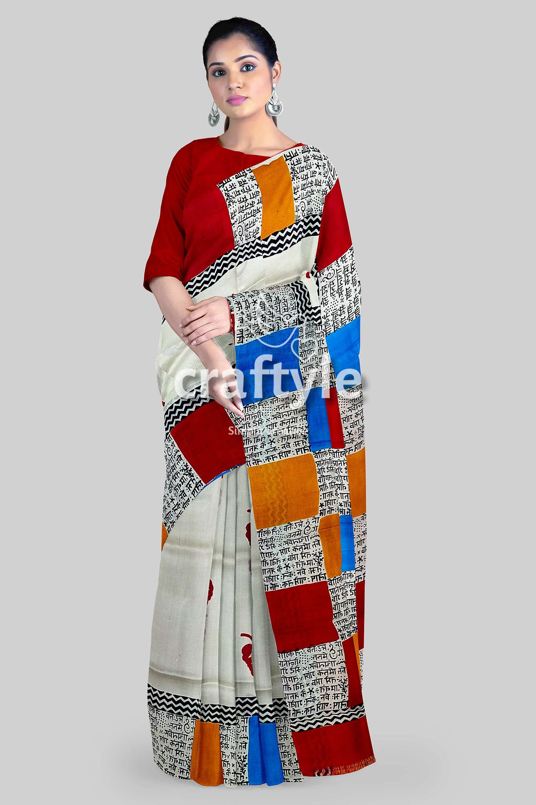 Hand Block Print Multicolor Pure Murshidabad Silk Saree - Exclusive Design-Craftyle