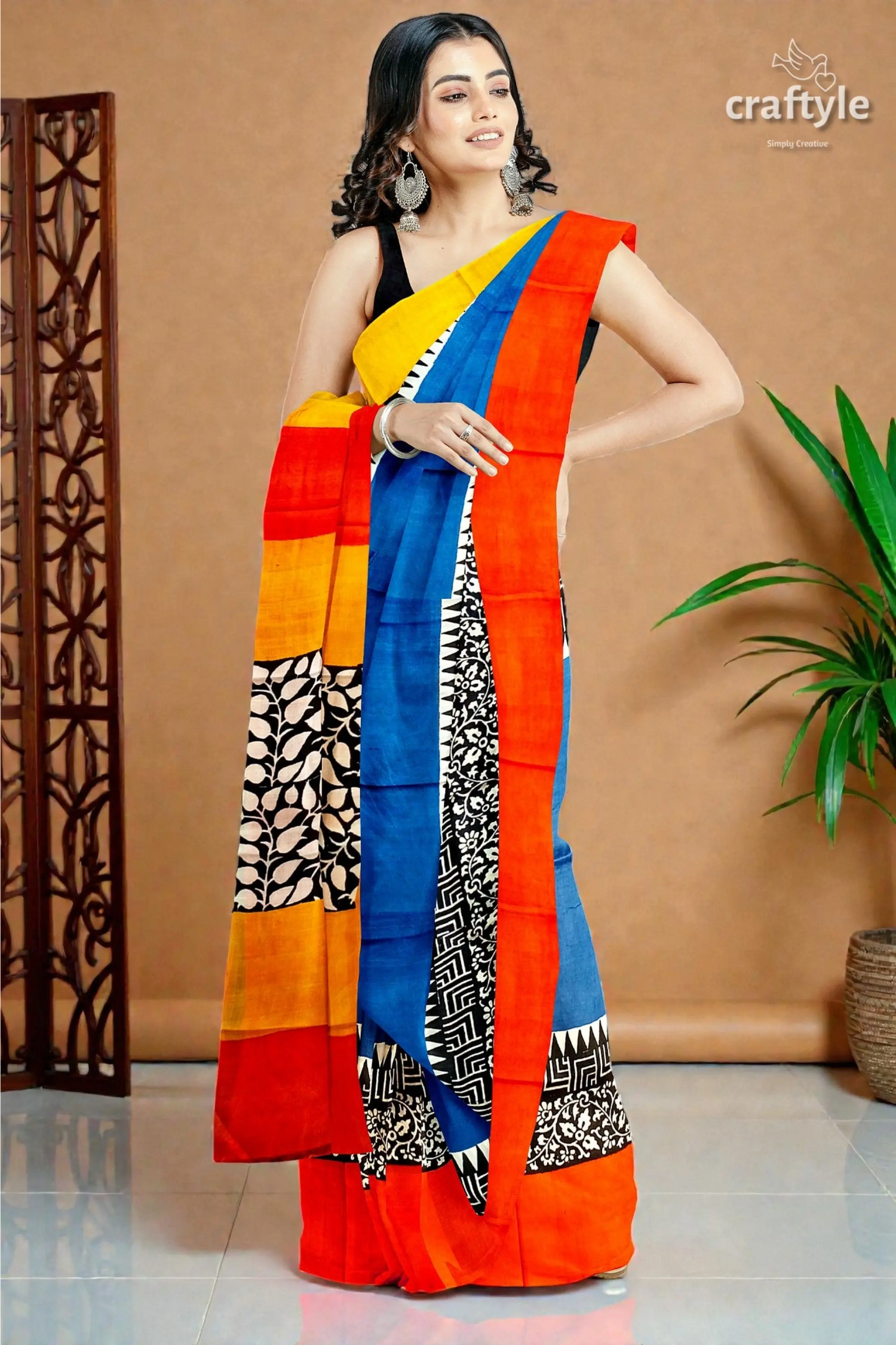 Hand block print pure mulberry silk saree in brilliant azure blue multicolor 2