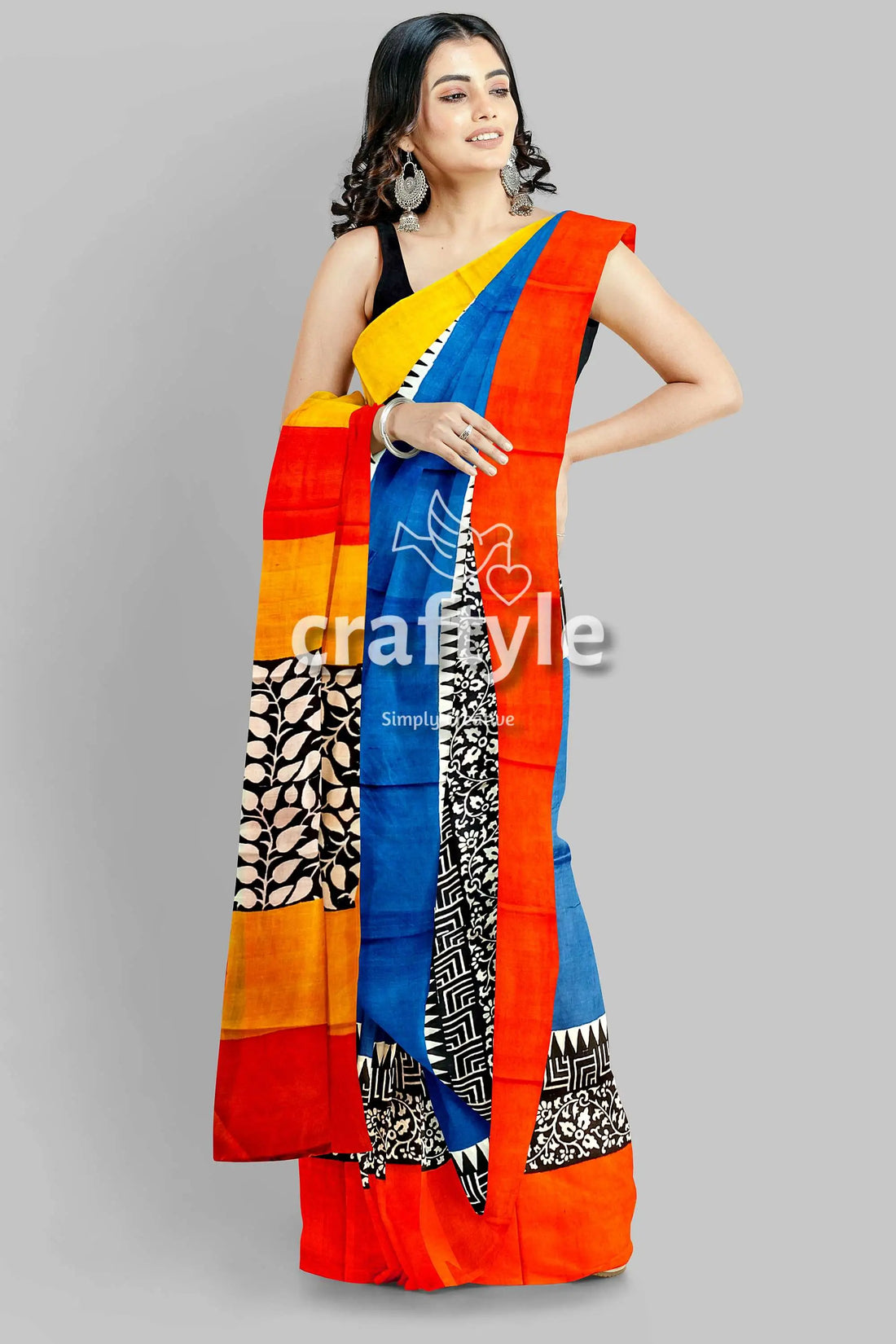 Hand block print pure mulberry silk saree in brilliant azure blue multicolor colorful patterned saree 1