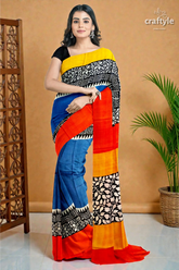 Hand block print pure mulberry silk saree in brilliant azure blue multicolor 5