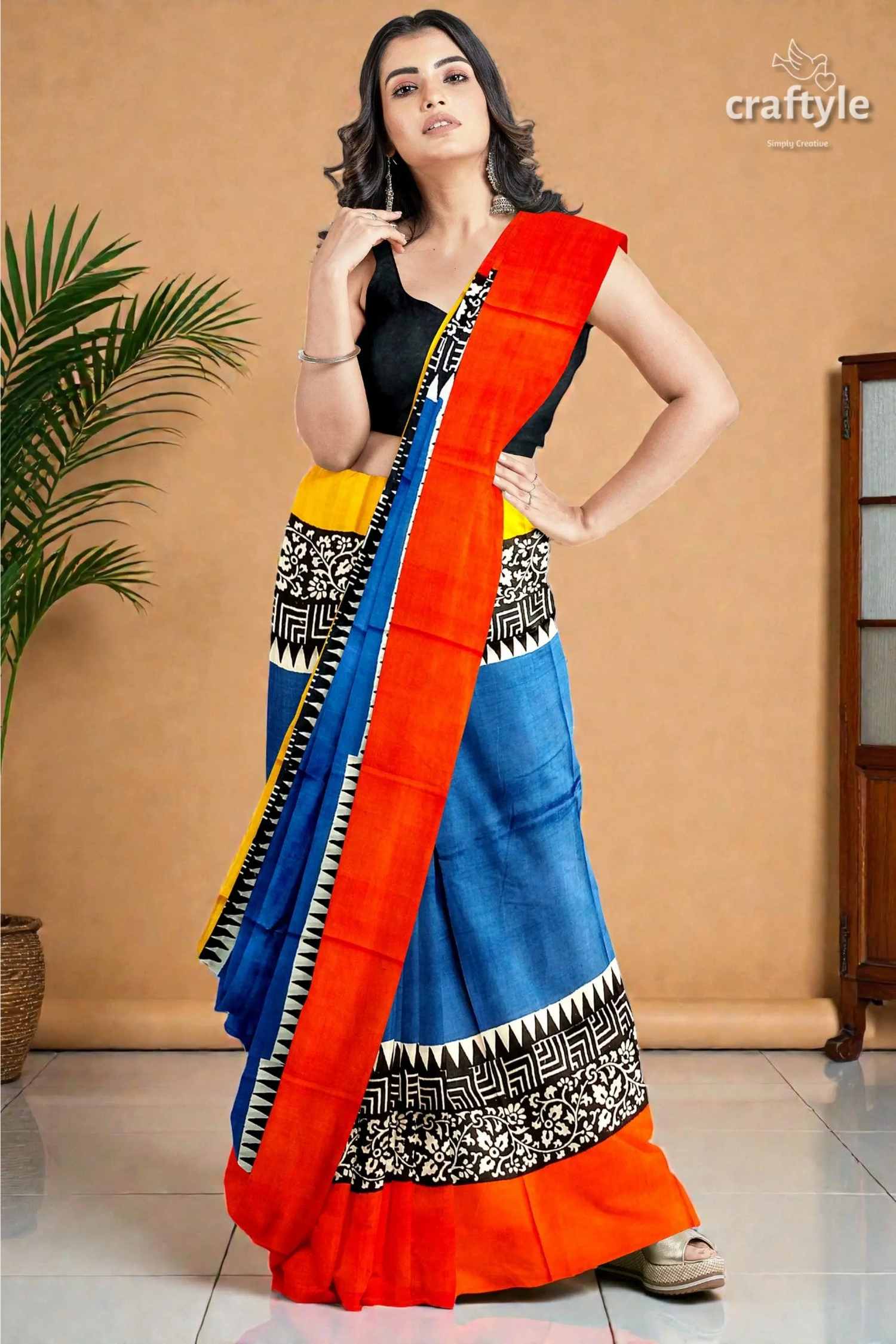 Hand block print pure mulberry silk saree in brilliant azure blue multicolor 3