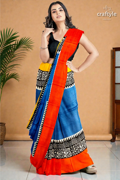 Hand block print pure mulberry silk saree in brilliant azure blue multicolor 3