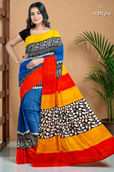 Hand block print pure mulberry silk saree in brilliant azure blue multicolor 4