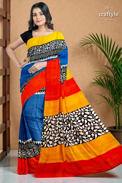 Hand block print pure mulberry silk saree in brilliant azure blue multicolor 4