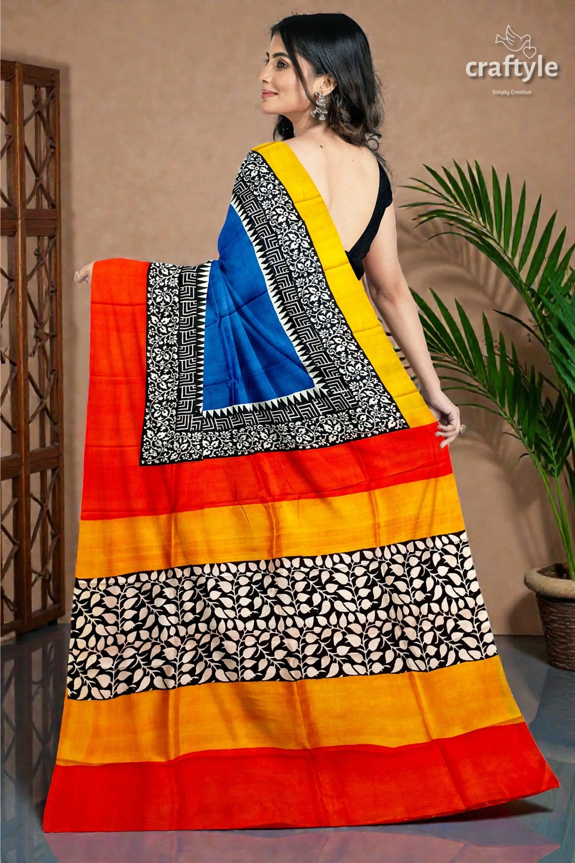 Hand block print pure mulberry silk saree in brilliant azure blue multicolor 6