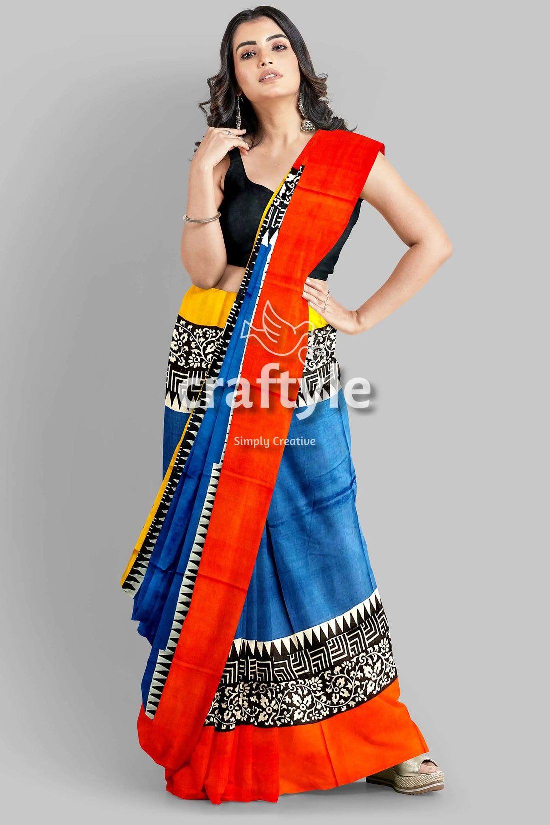 Hand block print pure mulberry silk saree in brilliant azure blue multicolor woman colorful saree 2