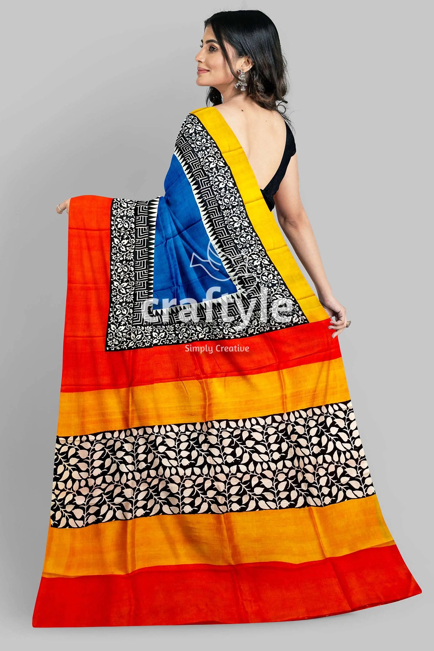 Hand block print pure mulberry silk saree in brilliant azure blue multicolor colorful patterned saree 6