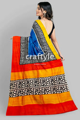 Hand block print pure mulberry silk saree in brilliant azure blue multicolor colorful patterned saree 6